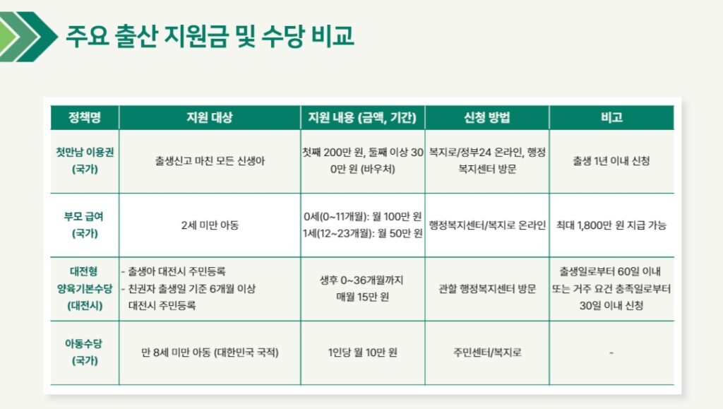 주요 출산 지원금 및 수당 비교